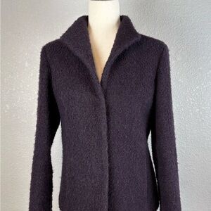 Eileen Fisher Wool Blend Boucle Jacket Size L Purple Plum Lined High Collar